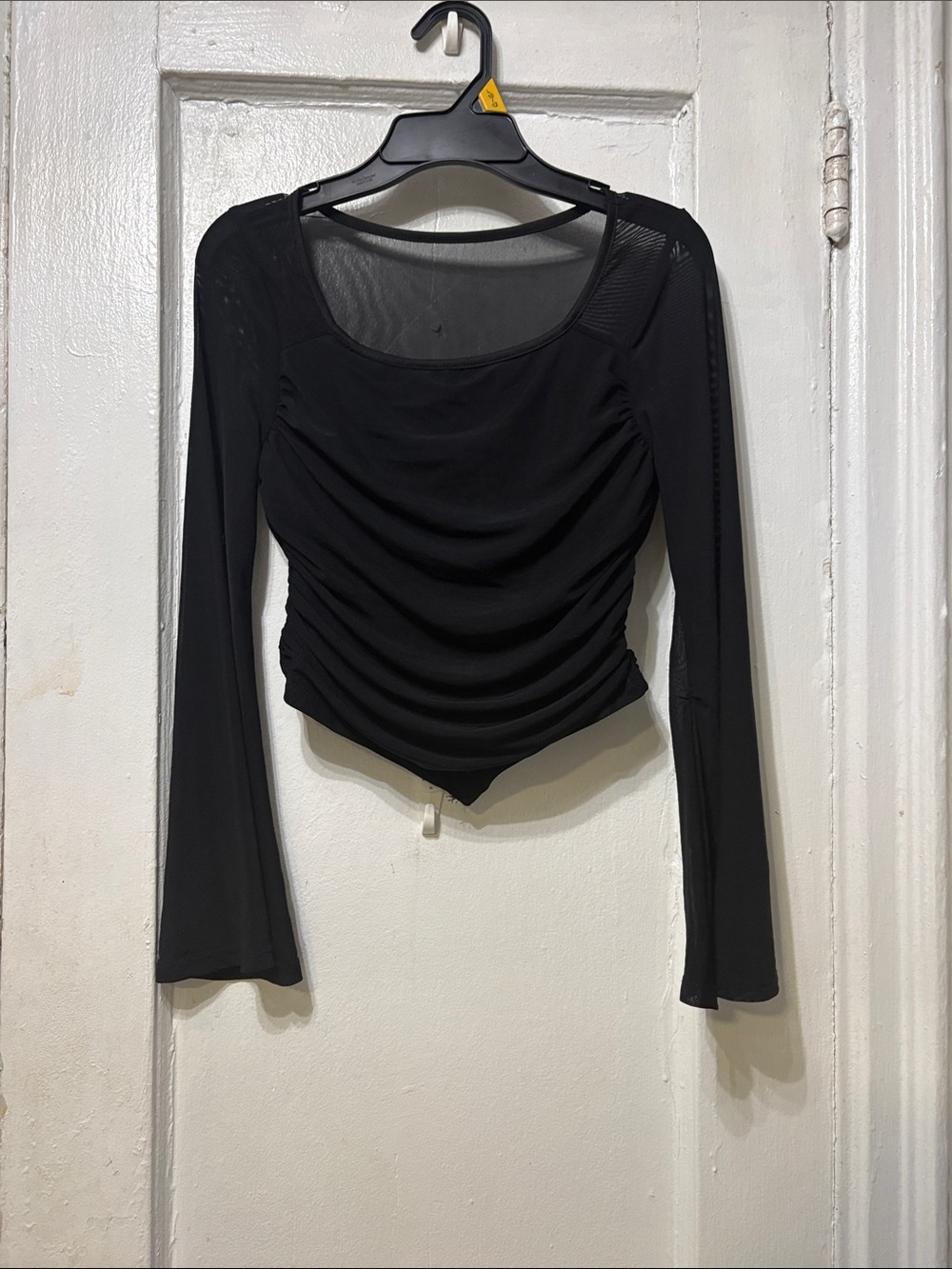 SHEIN Black Ruched Long-Sleeve Mesh Accent Top